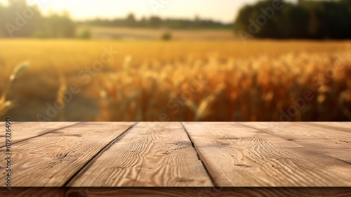 Stampa su tela The empty wooden brown table top with blur background of farm and barn