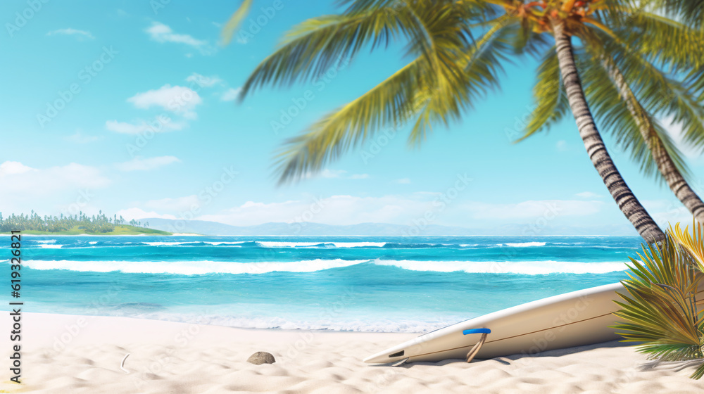 Panoramic view of beautiful tropical beach with palms and sea. Generative Ai Panoramic view of beautiful tropical beach with palms and sea. Generative Ai
