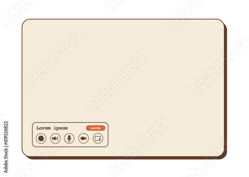 Video call conference ui template with widget. Audio or video chat icons and red button. Online conference or webinar screen template. Window frame in retro style. Vector flat style illustration.