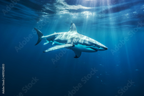 great white shark swimming in the deep blue ocean  generative ai