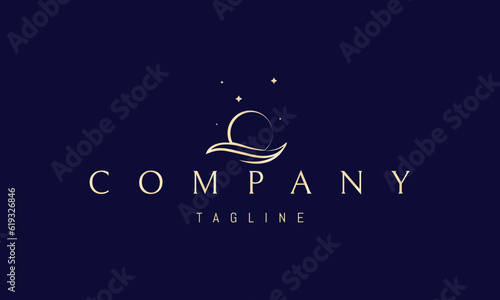 Vector golden logo on which an abstract image of a pearl on a wave in the form of the sun over a leaf.