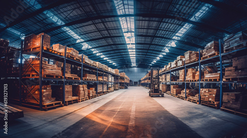 Typical storage, warehouse interior. Selective focus. Toned collage. Wide panoramic image. Industrial background. Generative Ai