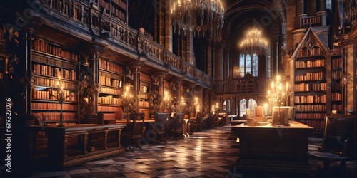medieval library, gothic reading room interior with desks, old mysterious castle, fictional interior created with generative ai © CROCOTHERY