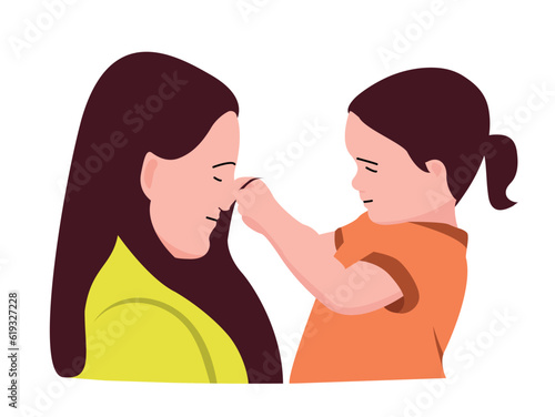 Mother playing with her kid daughter holding her and hugging cute simple flat drawing for business postcards