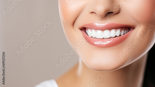 A woman smiling with white teeth poster with copy space. Fictional person. AI Generative