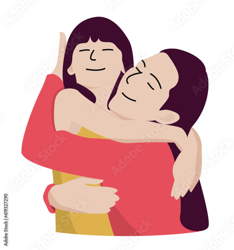 Mother cuddles, hugs, and adores her daughter, cute and lovely simple flat drawing for greeting card
