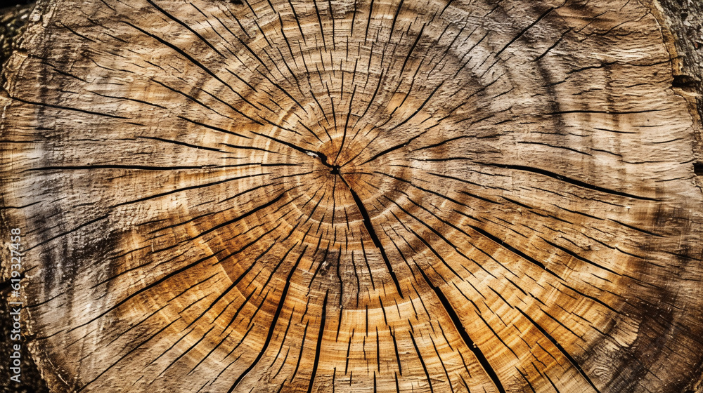 Fototapeta premium Wood texture of cut tree trunk, close-up. Generative Ai