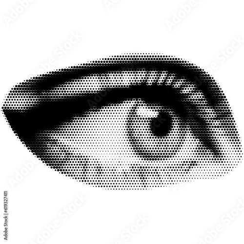 Retro halftone collage eye for use in mixed media designs. Dotted pop art style open human eye with half-tone texture. Vector illustration of vintage grunge punk crazy art stencils.