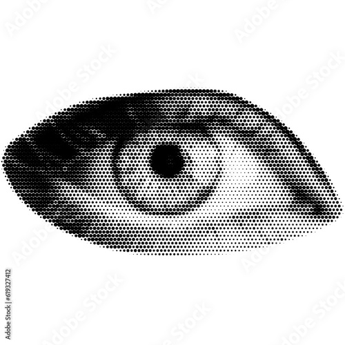 Retro halftone collage eye for use in mixed media designs. Dotted pop art style open human eye with half-tone texture. Vector illustration of vintage grunge punk crazy art stencils.