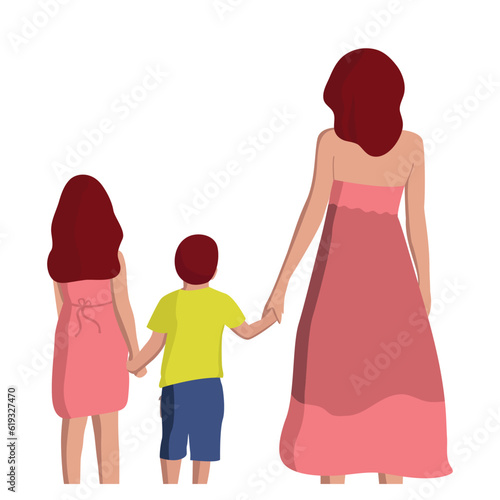 Mother holding her sons and daughter hand walking behind together flat character vector drawing