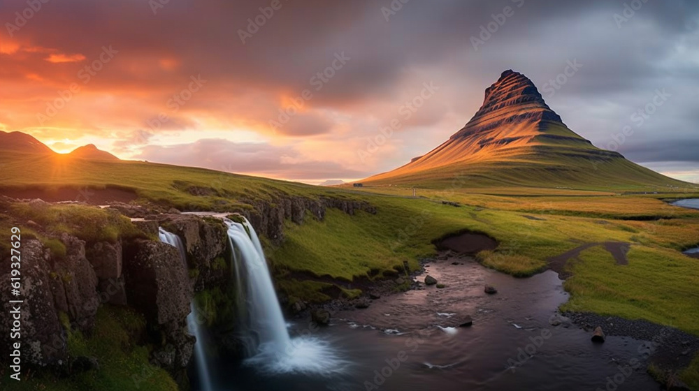 Kirkjufellsfoss Waterfall. AI Generative