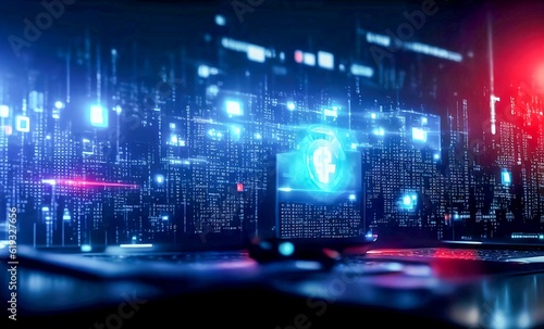 Electronic cyber warfare illustration with powerful computer, quantum physics, computing, secret war, virus attack, IA generative