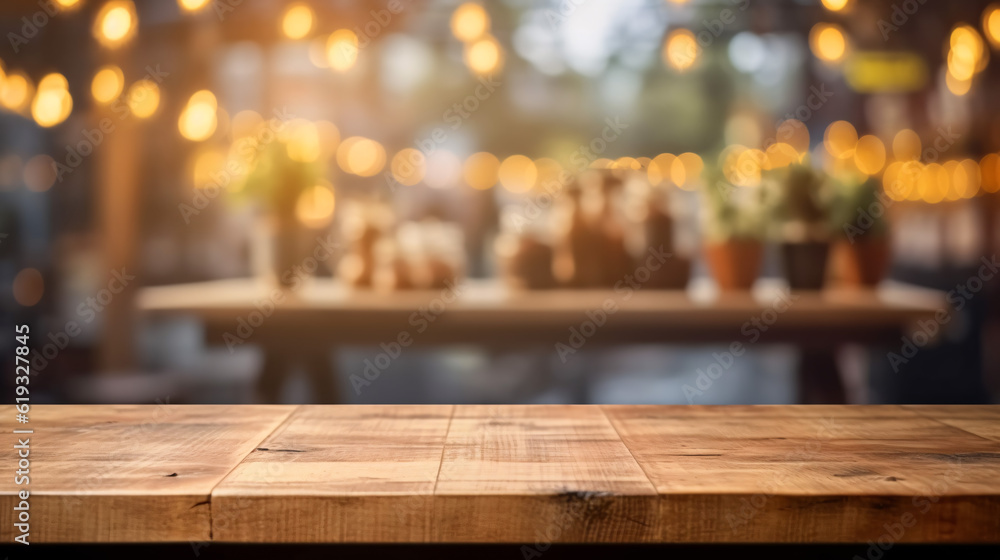 Wooden board empty table in front of blurred background. Generative Ai