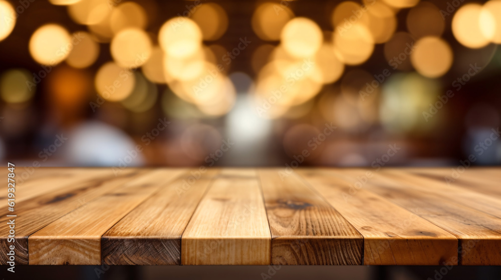 Wooden board empty table in front of blurred background. Generative Ai