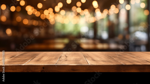 Wooden board empty table in front of blurred background. Generative Ai