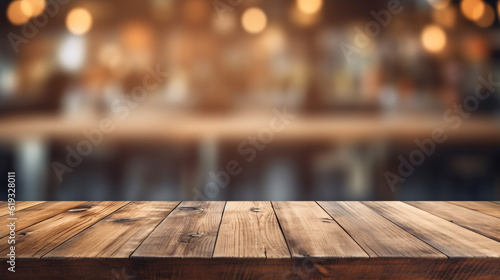 Wooden board empty table in front of blurred background. Generative Ai