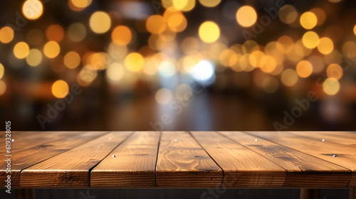 Wooden board empty table in front of blurred background. Generative Ai