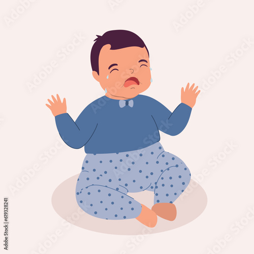 One Little Baby Boy In Pyjamas Crying In Tears And Sitting On Floor. Full Length. Flat Design Style, Character, Cartoon.