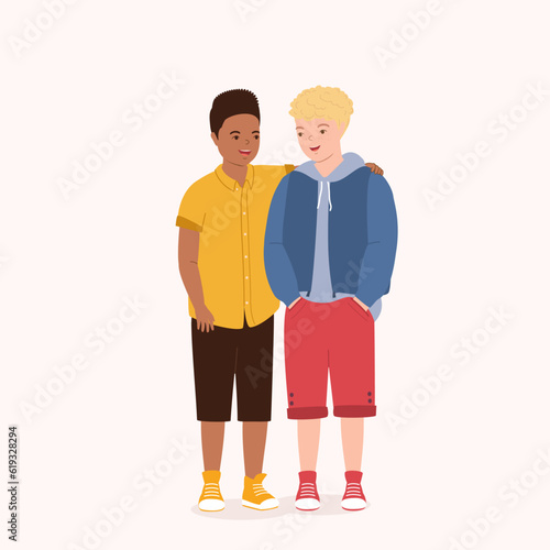 Mixed Race Of Two Smiling Little Boys With Different Skin Tones And Hair Styles Hugging Each Other With Arm Around. Full Length. Flat Design Style, Character, Cartoon.
