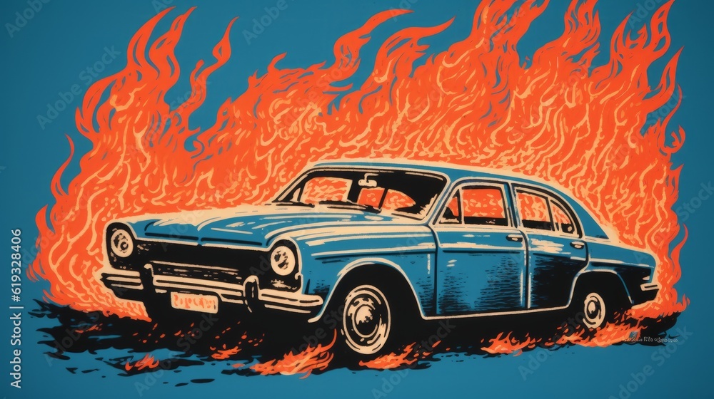 Car on fire in retro style. Generative AI