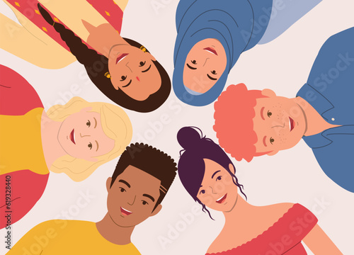 Top View Of A Smiling Racial Diversity Group Of Happy Young Adults With Different Skin Tones, Hair Styles And Body Sizes Lying Down In A Circle Looking Up. Flat Design Style, Character, Cartoon.