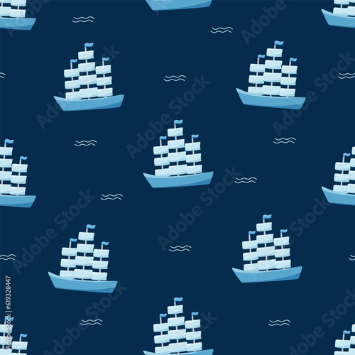 Seamless pattern of a ship with three masts. Vector background historical naval frigate with sails and sea waves.