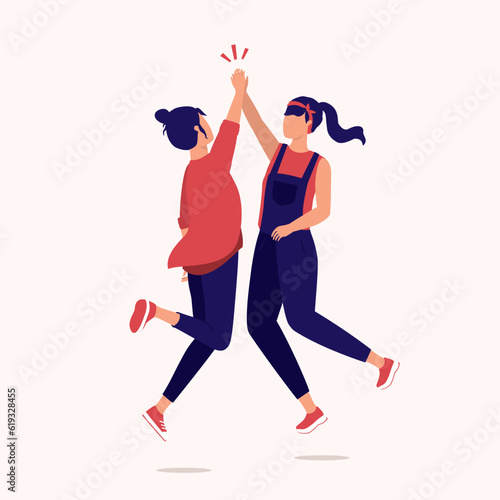 Two Young Women Jumping Up In High Five Gesture With Slapping Each Other’s Palms With Their Arms Raised. Full Length. Flat Design Style, Character, Cartoon.
