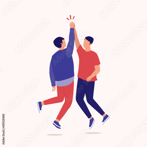 Two Young Men Jumping Up In High Five Gesture With Slapping Each Other’s Palms With Their Arms Raised. Full Length. Flat Design Style, Character, Cartoon.