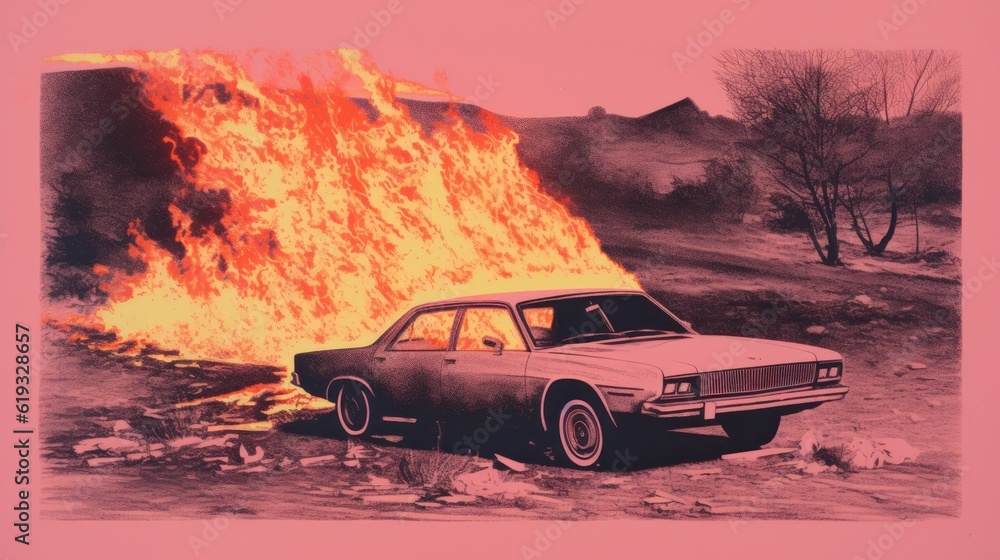 Car on fire in retro style. Generative AI