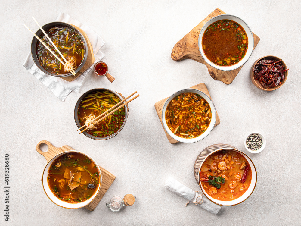 Top view on assorted variety of asian chinese soup table Top view on assorted variety of asian chinese soup table