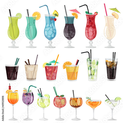Vector set of colorful cocktails with fruits, ice cubes and straws on a white background in a flat style. Suitable for menu design, food stickers, scrapbooking.