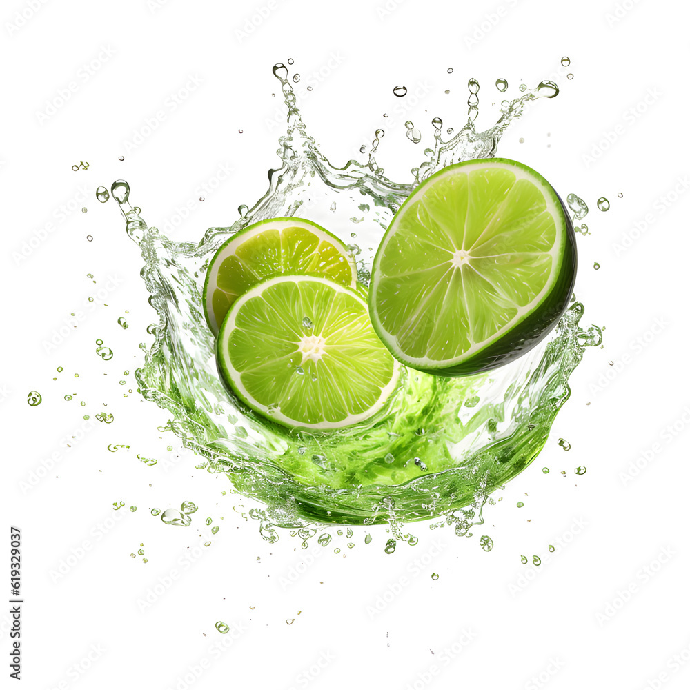 Ripe limes splashing water on white background. Generative AI Ripe limes splashing water on white background. Generative AI
