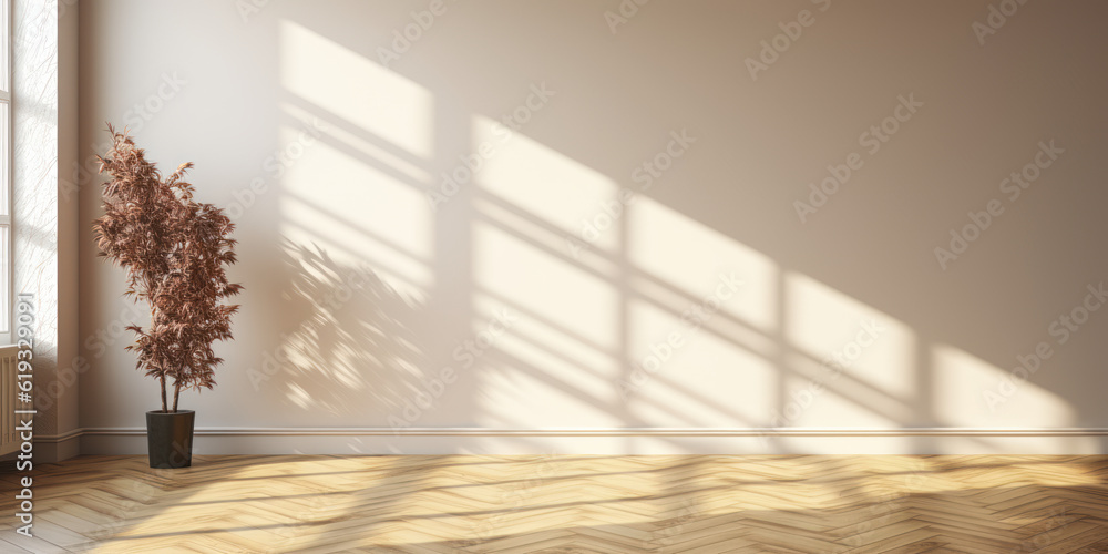 An empty luxury room with a beige white wall in dappled sunlight from a window and tree leaf shadow on wood chevron parquet. 3D image for luxury interior design, decoration product background. An empty luxury room with a beige white wall in dappled sunlight from a window and tree leaf shadow on wood chevron parquet. 3D image for luxury interior design, decoration product background.