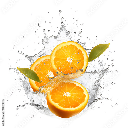 Orange with water splash on white background. Generative AI