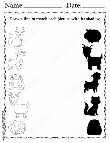 Printable Matching Activity sheet for Kids | Matching Activity Worksheets for Children | Match Animals to Their Shadows