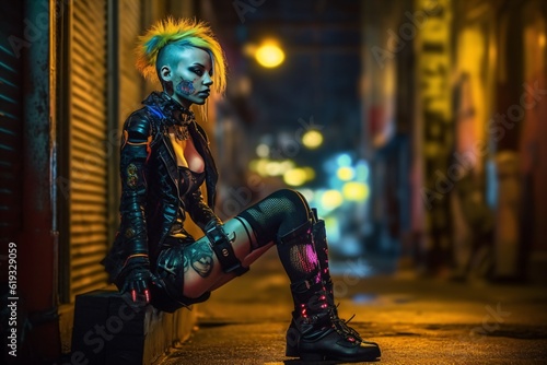 a futuristic sad punk girl in the dark night