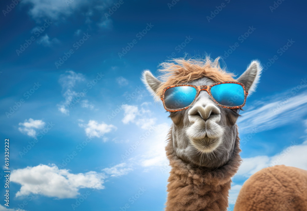 Funny camel with blue reflective lens sunglasses looking into camera, clear sunny sky background. Generative AI