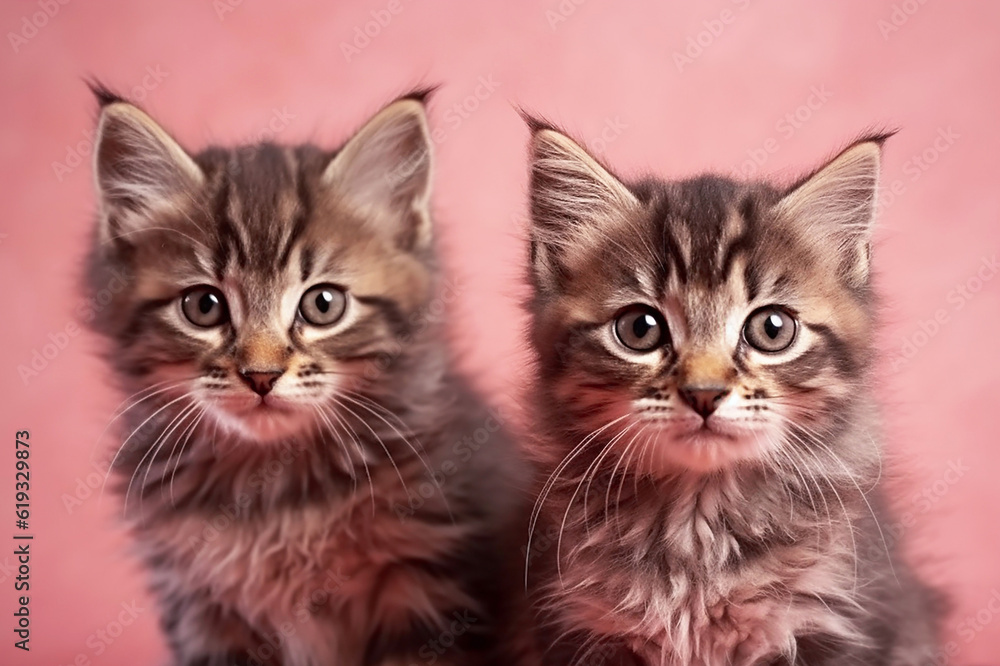 Portrait of two fluffy tabby kittens on pink background close-up, created with Generative AI technology. Portrait of two fluffy tabby kittens on pink background close-up, created with Generative AI technology.