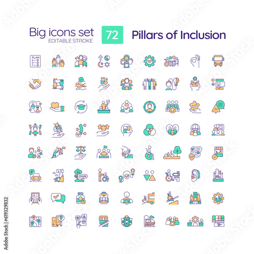 Pillars of inclusion RGB color icons set. Equal opportunity. Anti discrimination. Sense of belonging. Isolated vector illustrations. Simple filled line drawings collection. Editable stroke © bsd studio