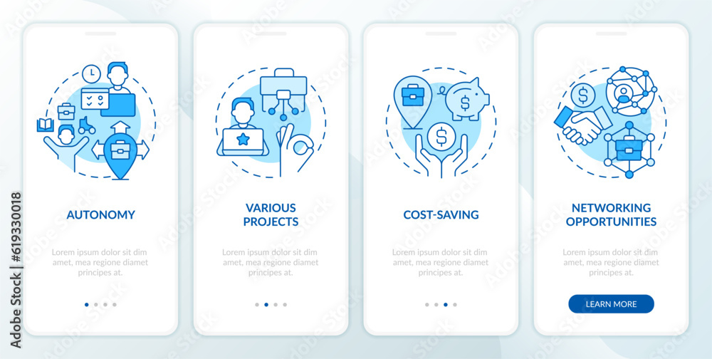Remote work benefits blue onboarding mobile app screen. Digital nomad walkthrough 4 steps editable graphic instructions with linear concepts. UI, UX, GUI template. Myriad Pro-Bold, Regular fonts used