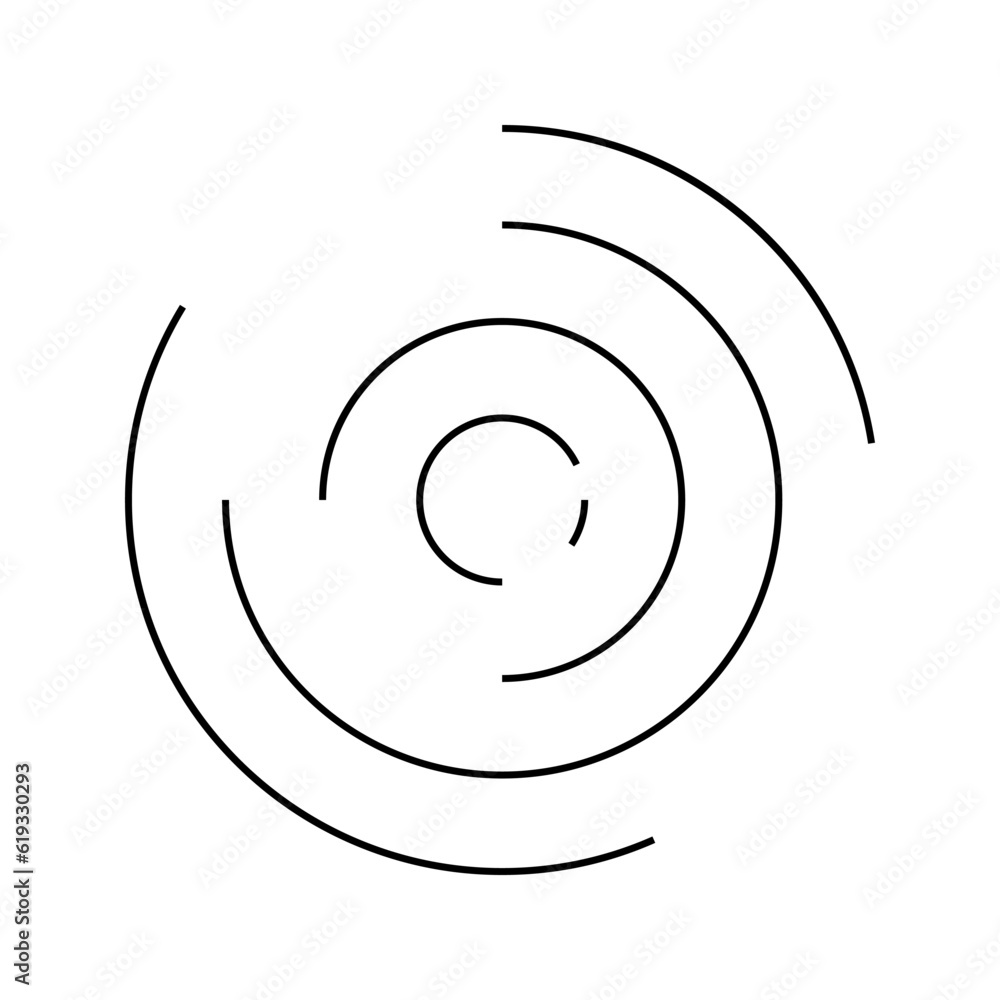 Circular ripple icon. Concentric circles with broken lines isolated on white background. Vortex symbol, radar, radio or sonar wave, soundwave, sunburst, signal sign Circular ripple icon. Concentric circles with broken lines isolated on white background. Vortex symbol, radar, radio or sonar wave, soundwave, sunburst, signal sign