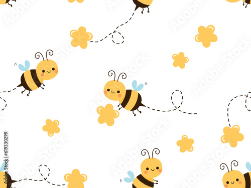 Seamless pattern with bee cartoons and yellow flower on white background vector.