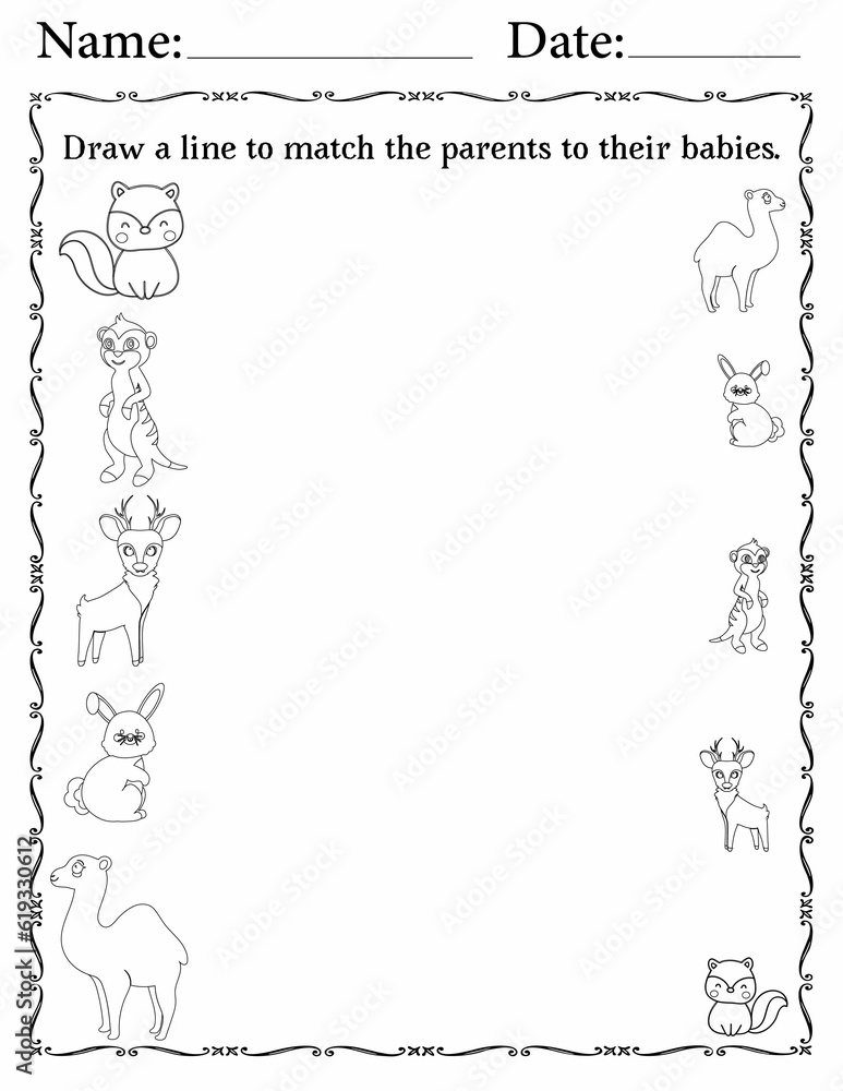 Matching Activity sheet for Kids | Matching Activity Worksheets for Logical Thinking | Match Animals to Their Babies