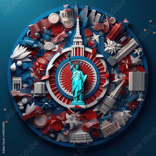 Red White, and Blue in Paper Minimalistic 3D Craft Style Illustration for Independence Day.