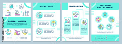 Digital nomad turquoise brochure template. Work and travel. Leaflet design with linear icons. Editable 4 vector layouts for presentation, annual reports. Arial-Black, Myriad Pro-Regular fonts used