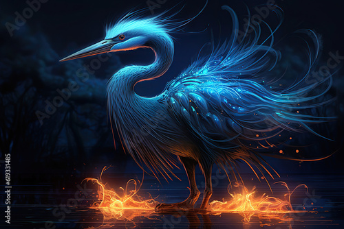 blue glowing fantasy heron in the night