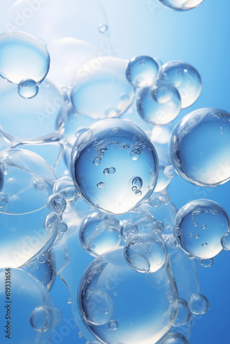 Blue water bubbles floating.