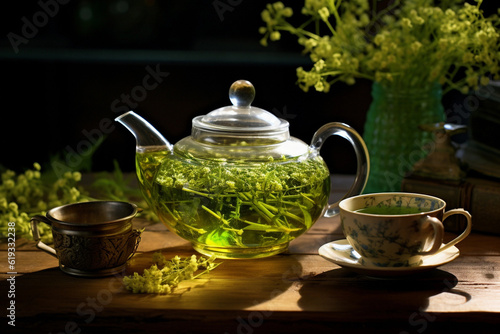 Green tea with herbs and green teapot on a table,