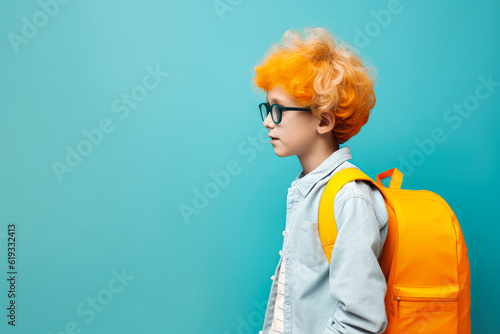 schoolboy with glasses with backpack is ready to go to school for education. generative AI photo