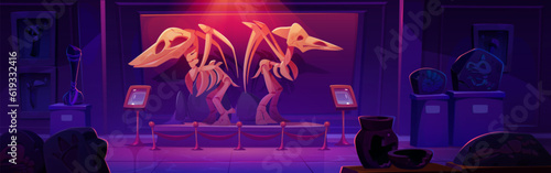 Fossil pterodactyl dinosaur skeleton in museum vector cartoon illustration. Dino animal bone and skull exhibit on pedestal in hall room with red spotlight. Prehistoric paleontology gallery interior